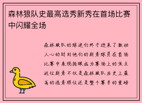 森林狼队史最高选秀新秀在首场比赛中闪耀全场